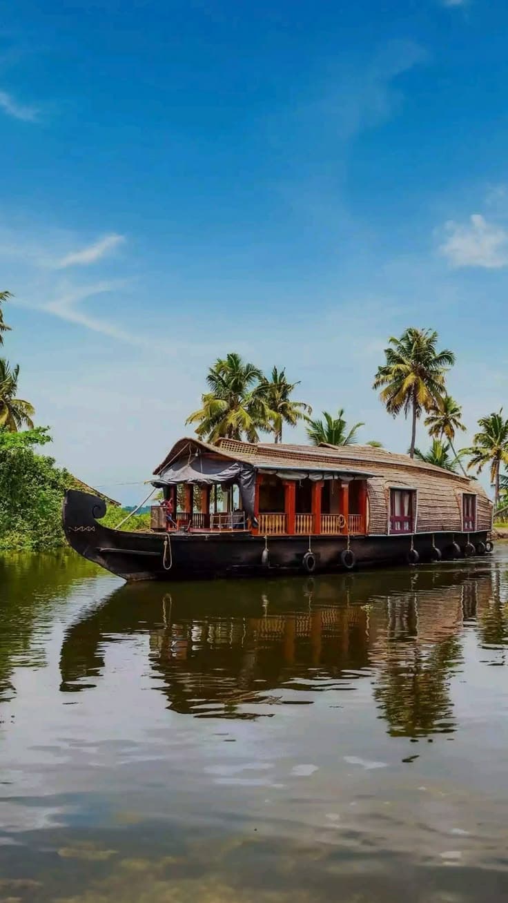 Traditional Kerala houseboat cruising through a canal