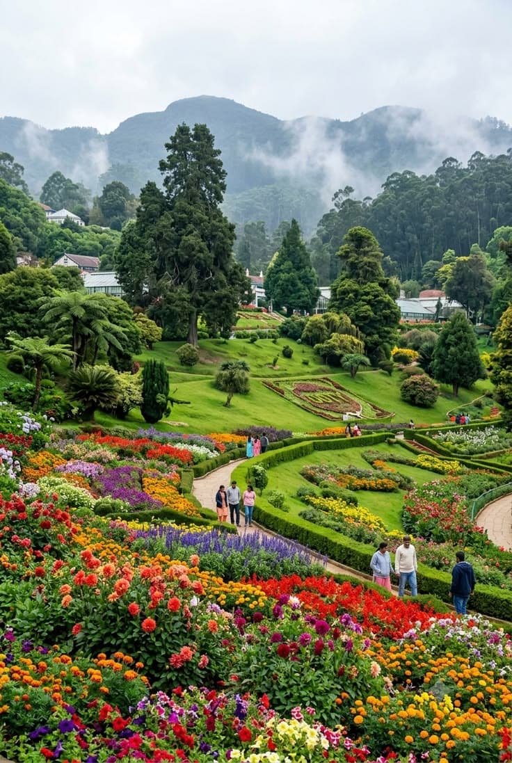 Botanical gardens in Ooty with landscaped greenery